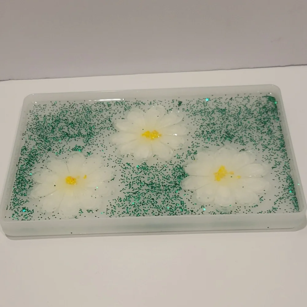 Floral Resin Tray with Green Glitter